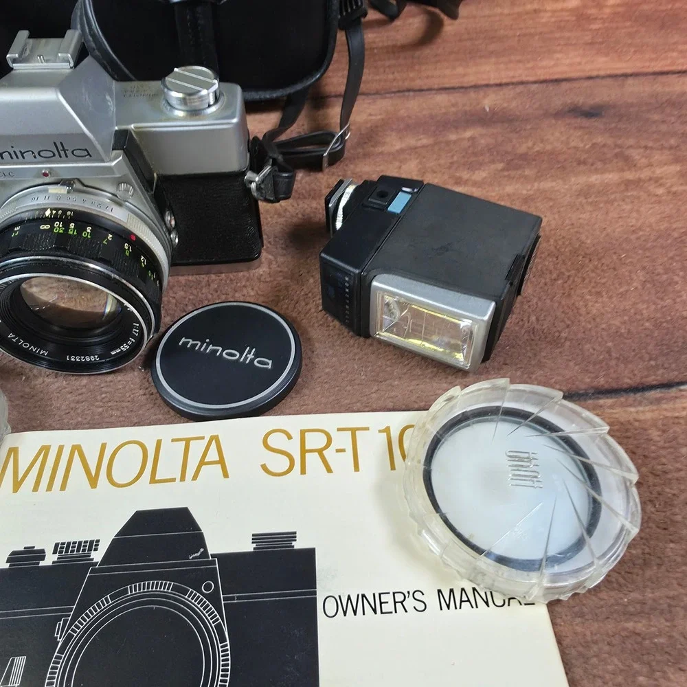 Minolta SRT 101 Film Camera Kit Silver Good 55mm 135mm Lenses Flash Case Manual